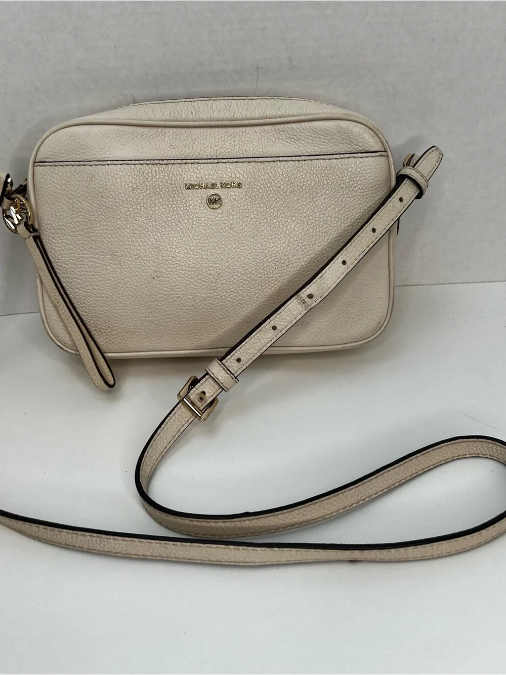 Michael Kors Ivory Pebbled Leather Crossbody with Gold Logo